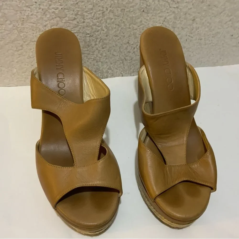 Jimmy Choo Vachetta Leather Teak Espadrille Wedge Sandal 38.5